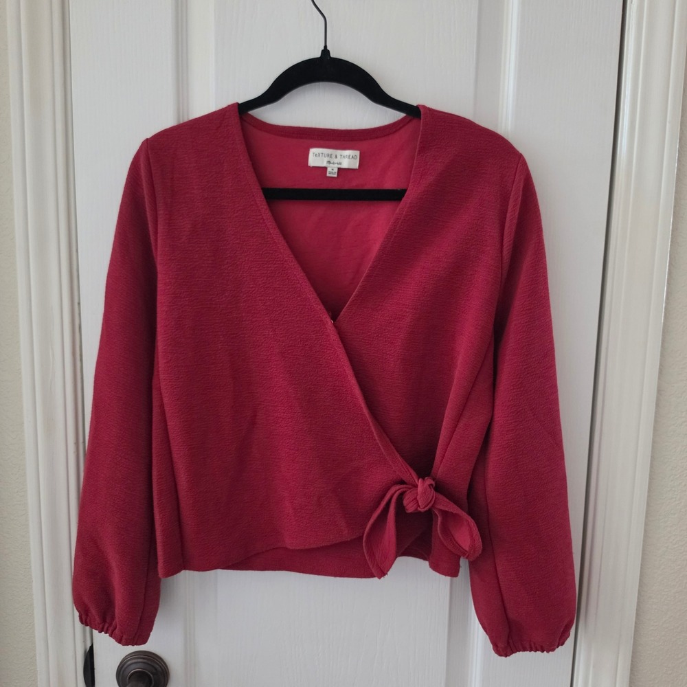 Madewell Texture & Thread Berry Red Wrap Top Side Tie Long Sleeve Blouse Medium